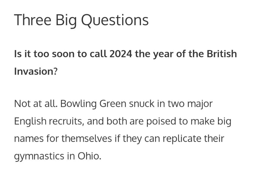britsncaagym's tweet photo. Mentions for both Teegan and Keira and their potential impact at BGSU! So excited to see how they adapt to college gymnastics and hopefully catch a couple meets in person!  #falcons #BGSU #gymnastics
#ncaa
https://t.co/XwPVXWAB1q https://t.co/AS29i8NBj5