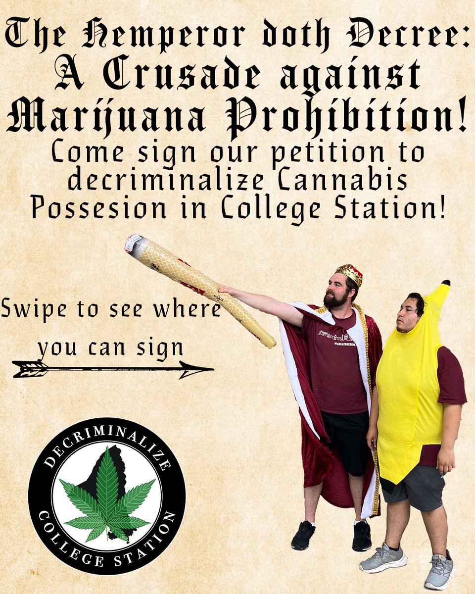 cstatdecrim's tweet photo. All subjects of College Station! The Hemperor has declared a crusade on prohibition and is asking all to come sign our petition this week. Those who sign will get candy. #HappyHalloween! https://t.co/DwTJoCM8pN