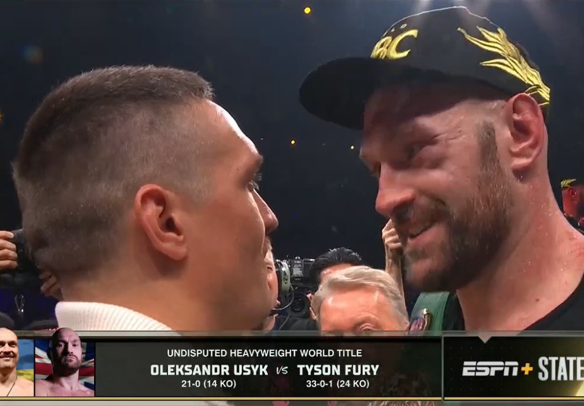 ringmagazine's tweet photo. ‼️ Tyson Fury and Oleksandr Usyk face off after Fury’s split decision win vs Francis Ngannou. No official confirmation of date yet though, as was expected tonight. https://t.co/sSVY2ULc7S