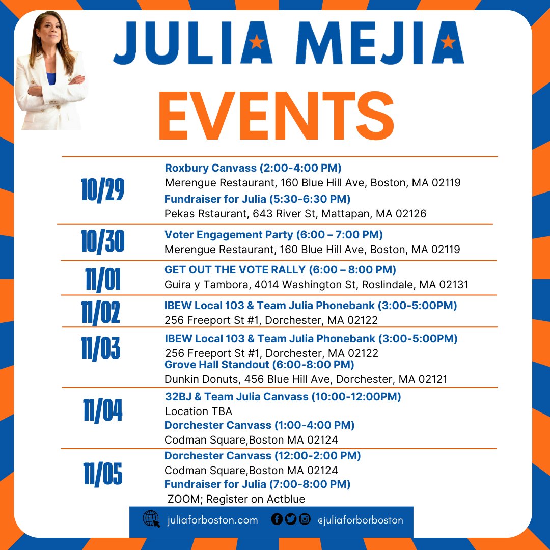 We have added a few new events to our events list today and wanted to share the updated ones with everyone!

Sign up at: juliaforboston.com/event

Which ones will you join us at?! 👀