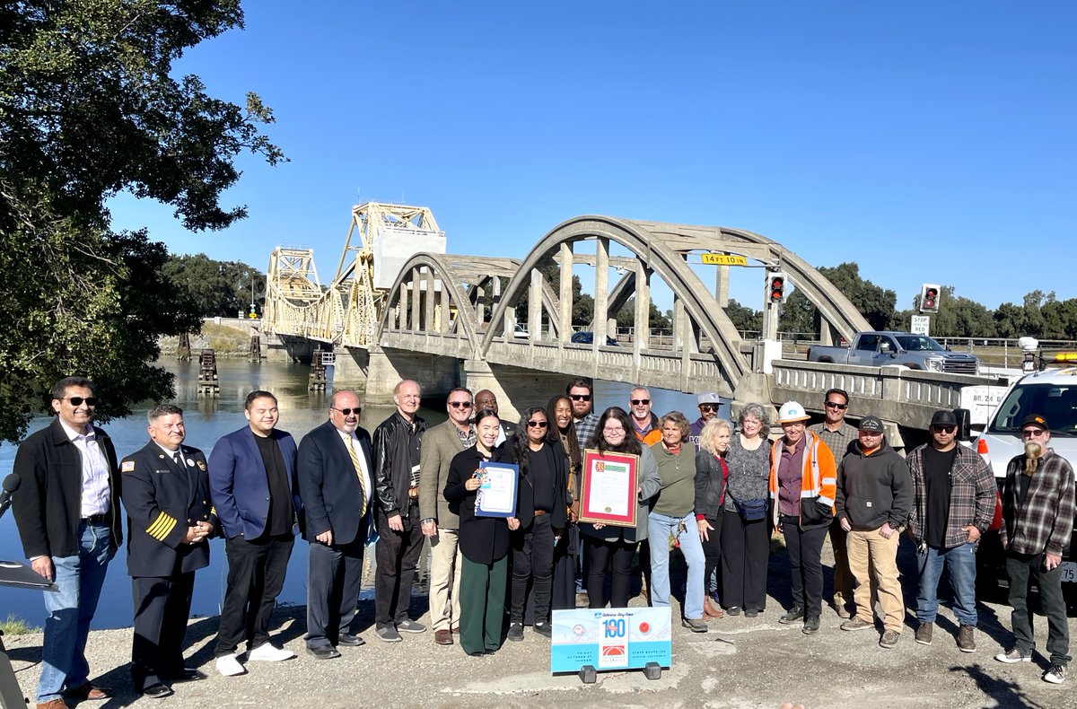 CaltransD4's tweet photo. Isleton Bridge in the Sacramento Delta region celebrated its 100th Birthday on Friday, Oct. 27, 2023, with cake and a commemoration ceremony. https://t.co/ytlplU4aRh
