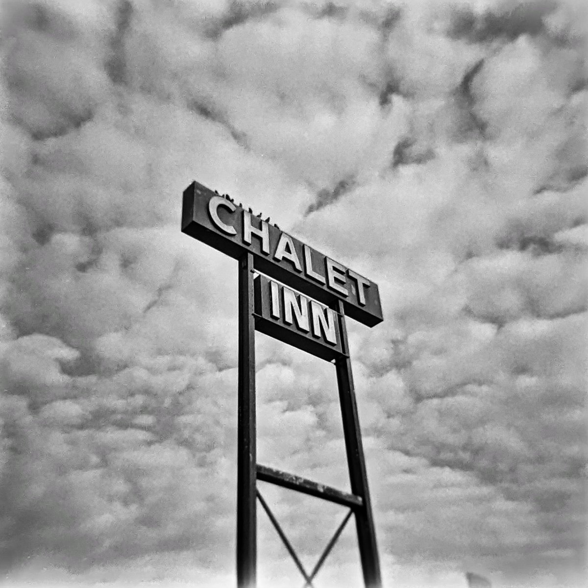 Chalet Inn on Route 66 in Texas. Holga GCFN, Kentmere 400, dev'd in D76 #holga #holgaweek #kentmere #route66 #signage