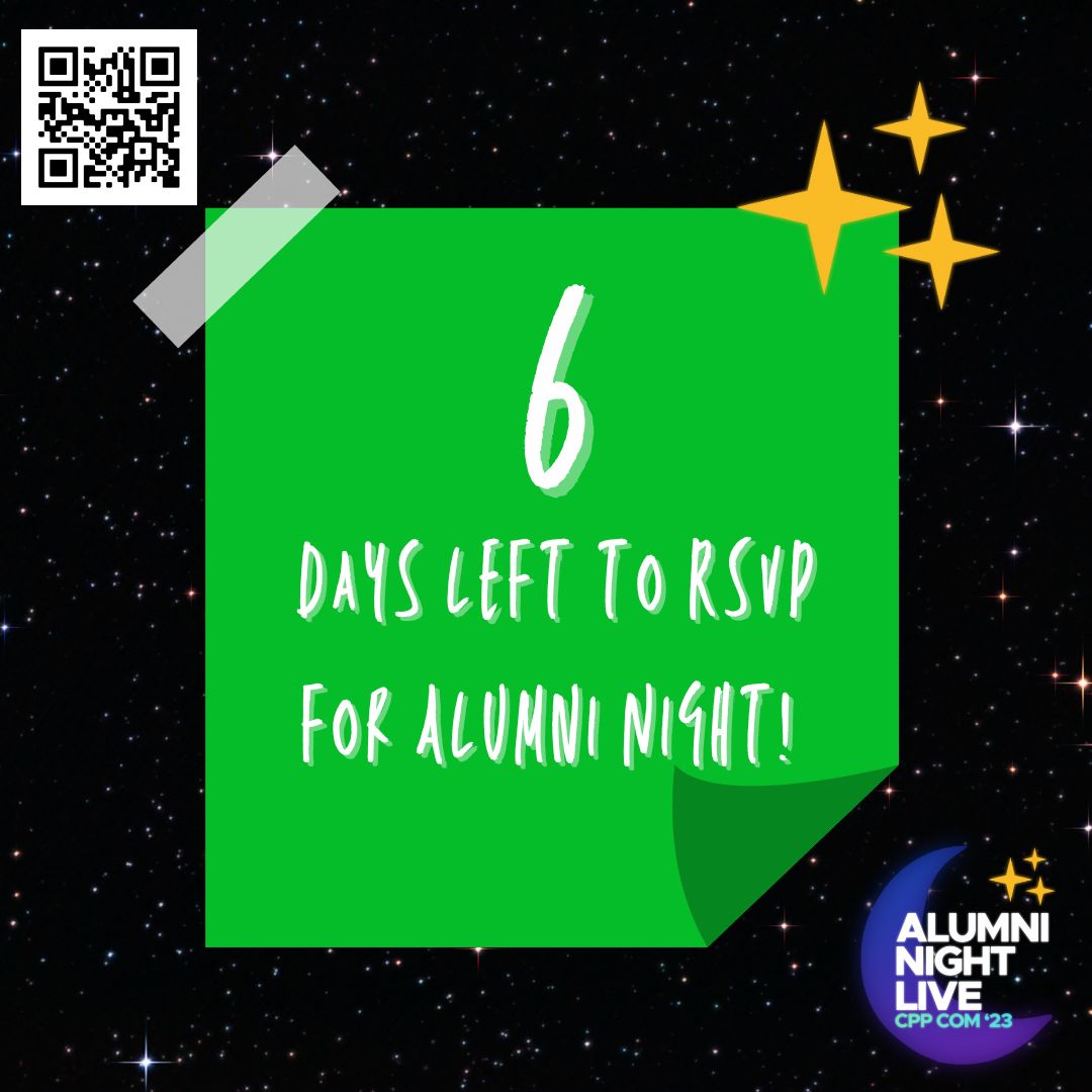 cppeventsplan's tweet image. Only 6 days left to get your alumni night ticket! 🎟
Don't miss out - use the QR code or this link 👉 ow.ly/hTYG50PYPFf
Get it before you regret it!
#CPPAlumniNight #CPP #calpolypomona #cppalumni