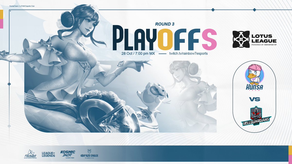 KunsaTeam's tweet photo. 🪷 MATCHDAY 🪷 | Round #3 - Playoffs | @LigaLotus

vs @HellguardiansE 

Una más para volar encima del horizonte. ☀️

🗓️ 28/10
📺  #twitchtv.rainbow7esports
⏰ 7:00 P.M. 🇲🇽🇬🇹 | 8:00 P.M. 🇨🇴🇵🇪 | 10:00 P.M. 🇦🇷🇺🇾

#LeagueOfLegends #KSAWIN #gaming https://t.co/AIgZE6gJja