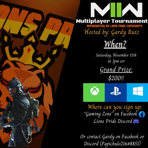 ifreskyi's tweet photo. Calling out all COD heads to Join in on this COD teams tournament for a grand prize. Join us by joining the discord. Link in bio. @CallofDuty #Codtournament #gamers #communityevent #lionspride #discord #COD https://t.co/qVAN0yixqA