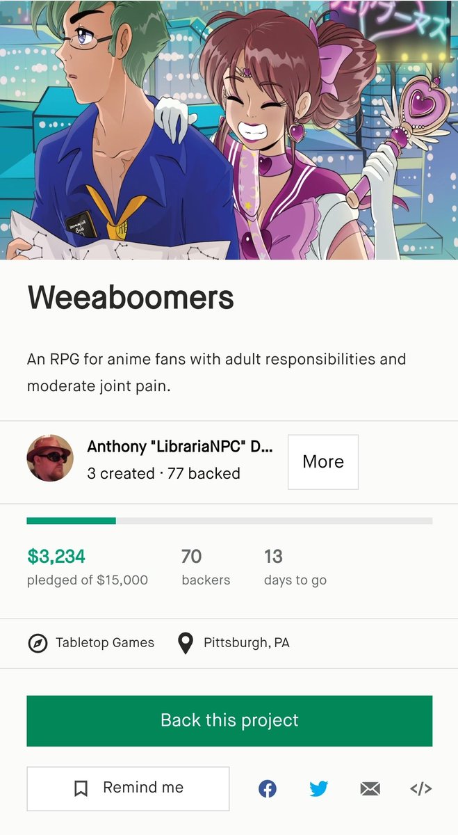 Less than 2 weeks to go to get this #anime #ttrpg across the finish line. 

While it's doubtful, stranger plot twists have occurred!

Let's find out next time, on #Weeaboomers!

#RPG #dnd #indiedev 

kickstarter.com/projects/libra…