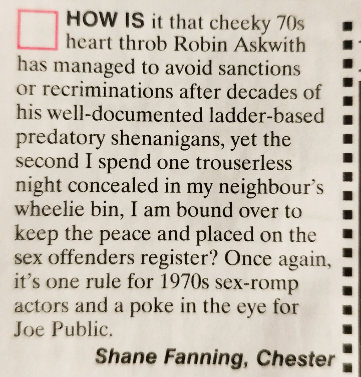 In the same month <a href="/Robin_Askwith/">Robin Askwith</a> gets mentioned in both Private Eye and Viz. Fingers crossed for the New Year's honours list!