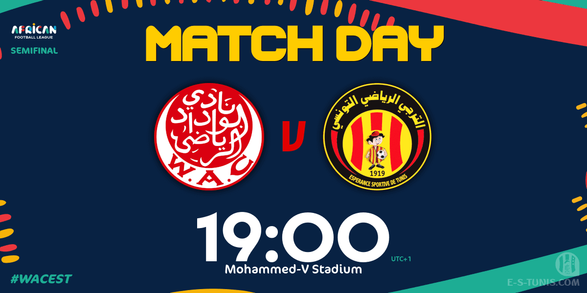 ESTuniscom's tweet photo. Good Morning everybody / صباح الخير جميعا / Bonjour à tous
🔥 MATCH DAY 🔥
⚽ 🇲🇦#WydadAC 🆚 @ESTuniscom🇹🇳
🕙 19:00 (UTC+1)
🏆 #AFL #AfricanFootballLeague Semifinal
🏟 Mohammed-V Stadium
📲 #WACEST
📺 #AbuDhabiSports #BeINSports #FifaTv https://t.co/FGhz3dfmuX