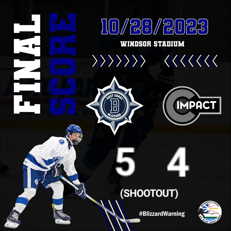 EC_Blizzard's tweet photo. Blizzard WIN! 5 - 4 in a shootout! A wild game, and a big 2 points. Blizzard were perfect in the shootout... Percy, J. Flynn and Connors all scored. Will Morgan stopped all 3 Impact shooters. #BlizzardWarning https://t.co/KWJzUU4Eg0