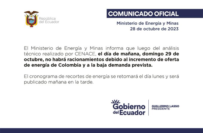 reportecuador's tweet photo. Mañana no, pero el lunes sí.
Apagones se suspenden este #domingo 29. https://t.co/IuDChNOYLZ
