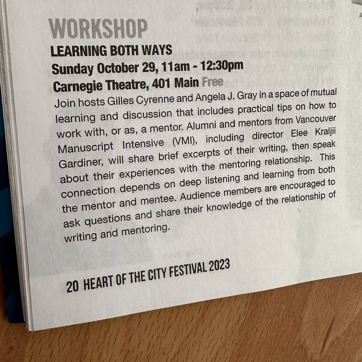 Honoured to read at this @HeartofCityFest workshop at 11am tomorrow, hosted by fellow @VMIProgram alums Gilles Cyrenne and @AngelaJGray1, featuring VMI mentors @eleekg and @BetsyWarland ❤️❤️❤️ Sunday, Oct 29, 11am to 12:30pm Carnegie Theatre, 401 Main St, Vancouver