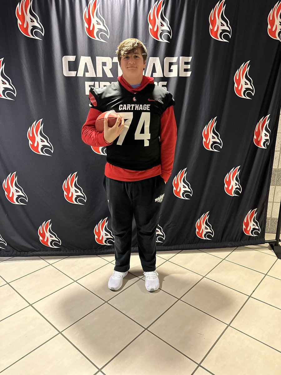 Thank you to @Carthage_FB and @CoachDustinHass for having me out for a game day visit. Had a really good time and can’t wait to get back on campus. @RedHawkFB @EDGYTIM @DeepDishFB