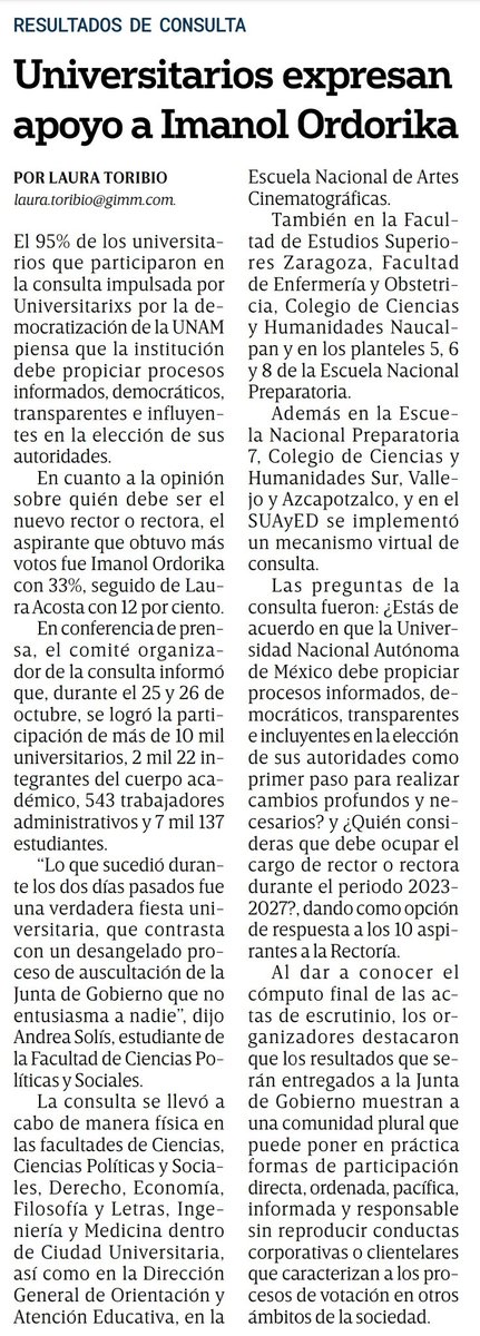 CambiarUNAMya's tweet photo. #CambiarUNAMya

El 95% de quienes participaron en 
la @ConsultaUNAM piensa que la institución debe propiciar procesos informados, democráticos, transparentes e incluyentes en la elección de sus 
autoridades.

Nota de @LauraToribio2 para @Excelsior 👇🏽

https://t.co/AjKhI0TPAR https://t.co/Bd8FkGuOnj