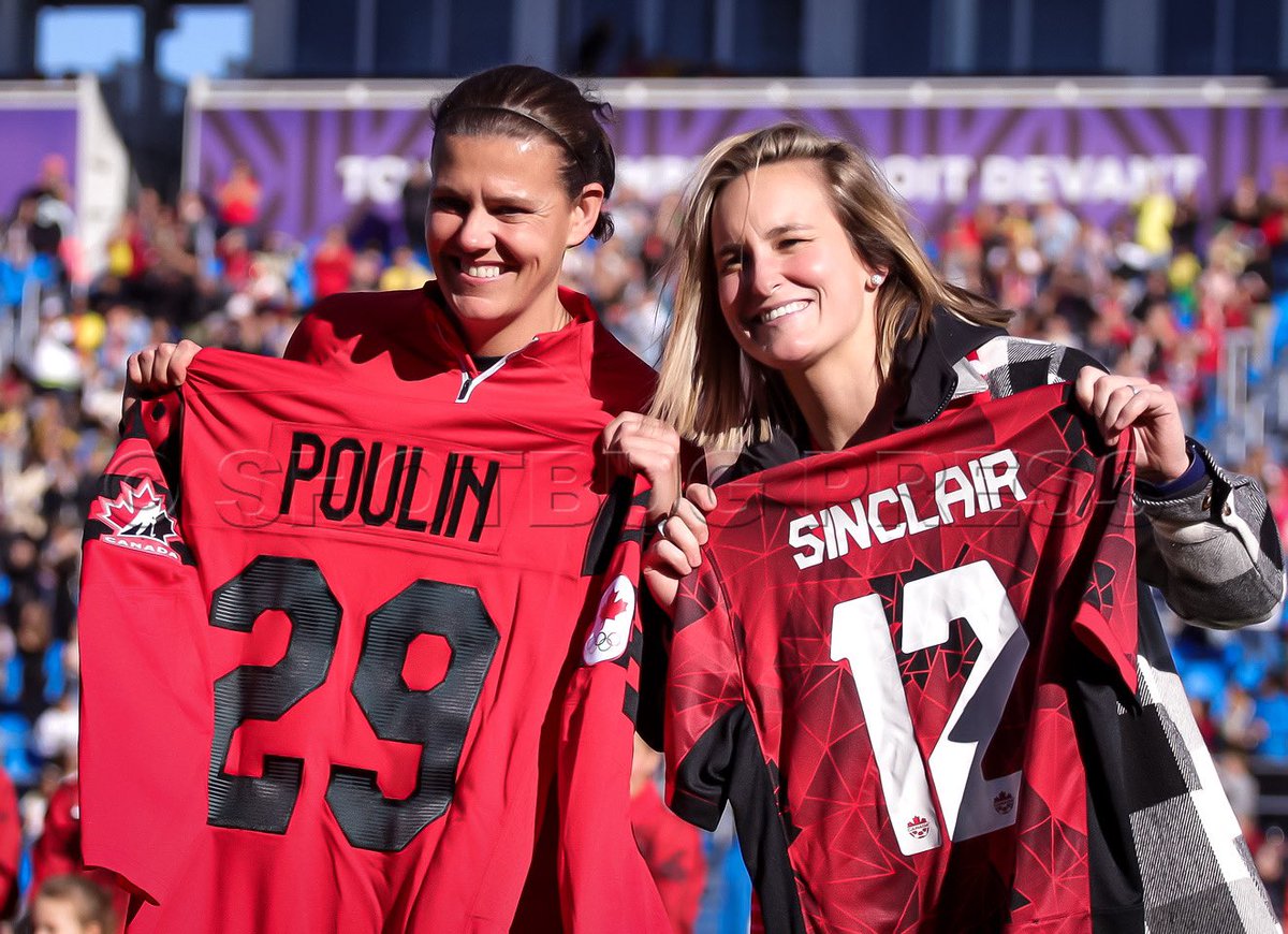 shotbug's tweet image. Team Canada Captains Christine Sinclair (left)(soccer) and Marie-Philip Poulin (hockey) (right) exchanged jerseys, in the pre-game event. Canada lost 1-0 to Brazil in the soccer game at Stade Saputo in Montréal, QC, Sat, Oct 28, 2023. Photo: Luanna Andrade/ShotBug Press @shotbug