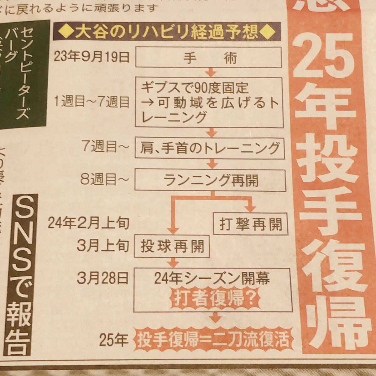 poko_mofuneko's tweet photo. スポニチさんに載っていた大谷さんのリハビリ経過予想。来週辺りから次の段階に入れるのかな…🥹
9/19手術
9/19~10/31
可動域を広げるトレーニング
10/31~
肩、手首のトレーニング
11/7~ランニング再開 …
どんな時でも大谷さんにとって最良の日々でありますように💪✨
#大谷翔平 #GoShohei https://t.co/5y5fP5MWP8