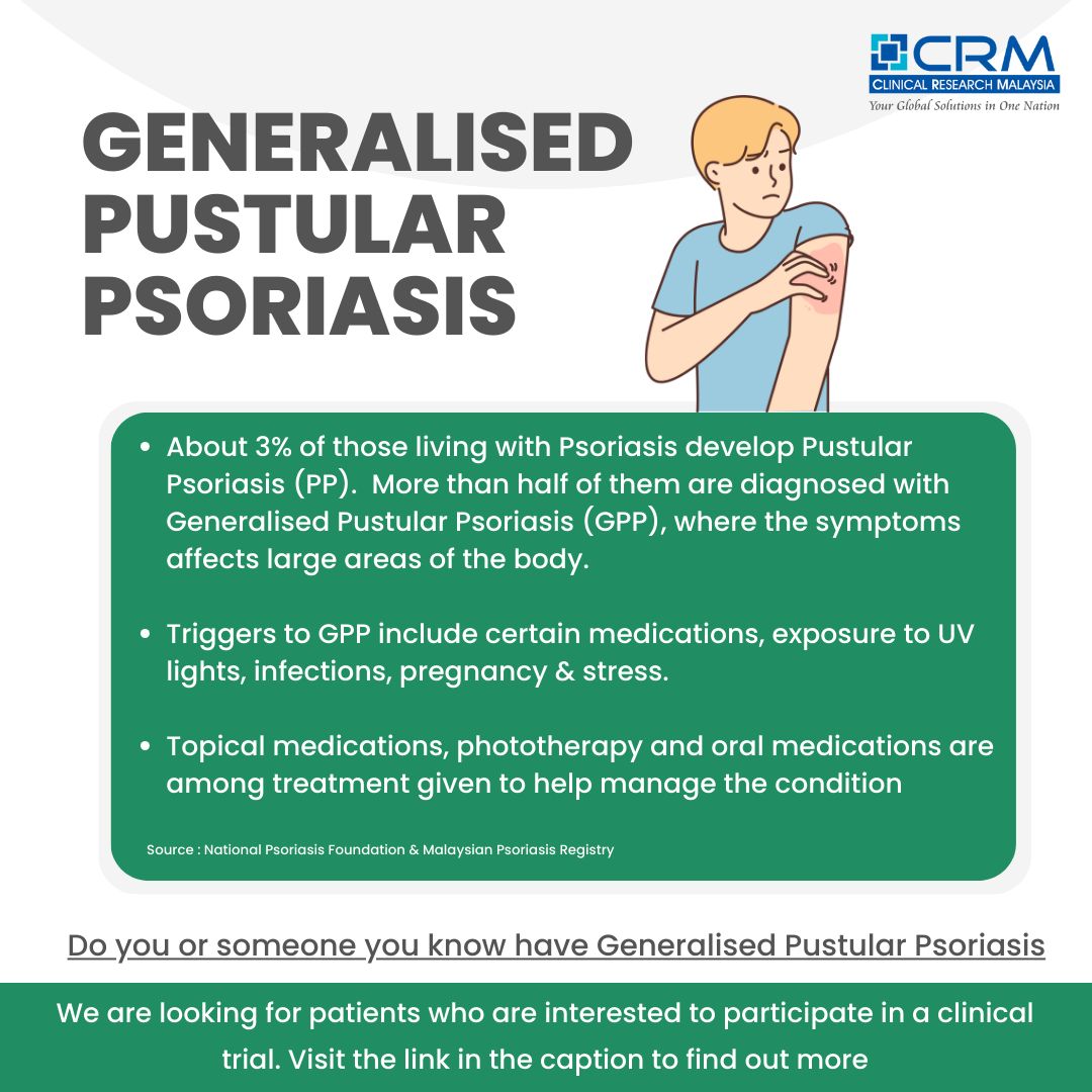 We are looking for patients with Generalized Pustular Psoriasis condition. Visit the link below if you are interested to partake in our clinical trial!

clinicalresearch.my/condition/gene…

#findaclinicaltrial #clinicalresearchmy #generalizedpustularpsoriasis #gpp