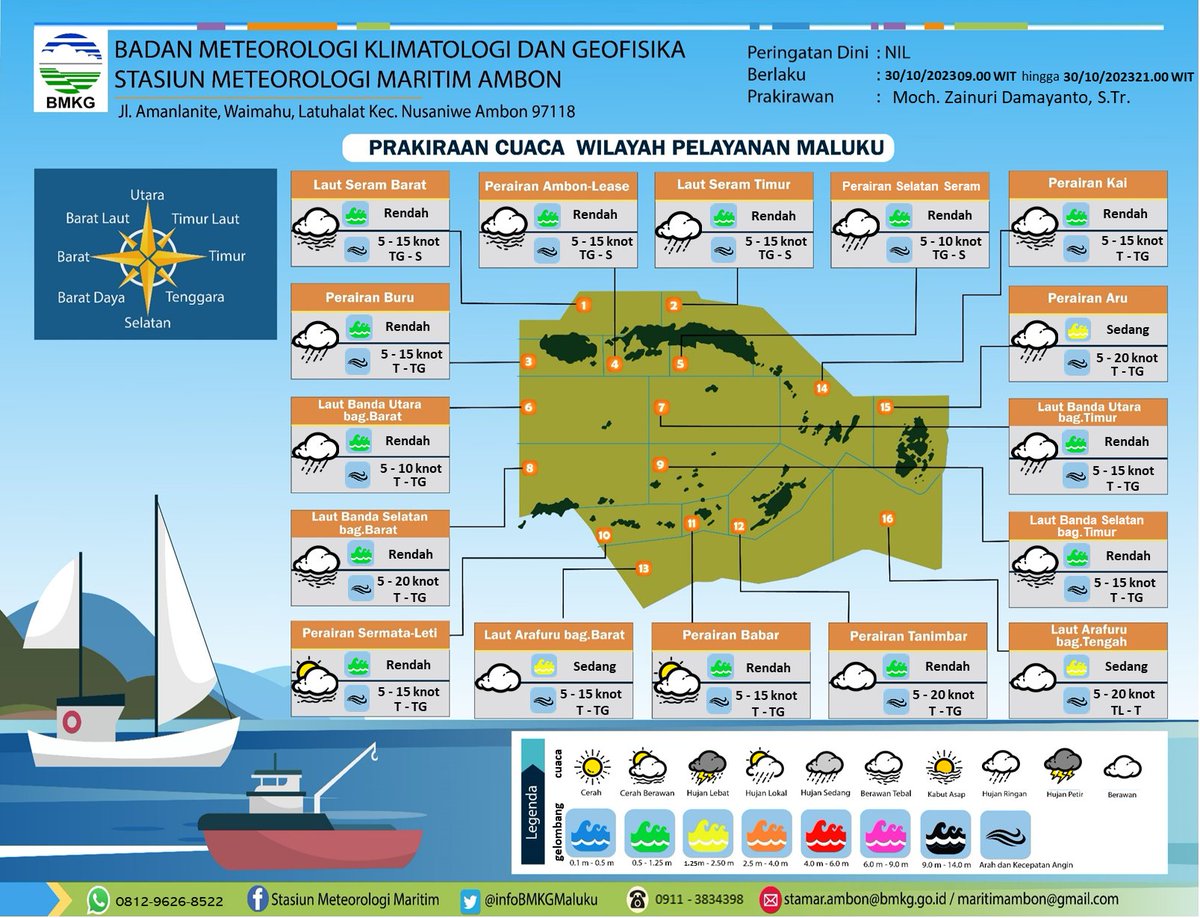 infoBMKGMaluku's tweet photo. Hai Sobat Maritim, bagi yang menggunakan jasa transportasi laut atau yang beraktifitas di pesisir bisa dicek Informasi Cuaca Maritim Wilayah Perairan di Maluku Tanggal 29 Oktober 2023 - 30 Oktober 2023. Semoga bermanfaat. #InfoBMKG #BMKG #CuacaMaluku #PrakiraanGelombang https://t.co/sD9VQQkKTt