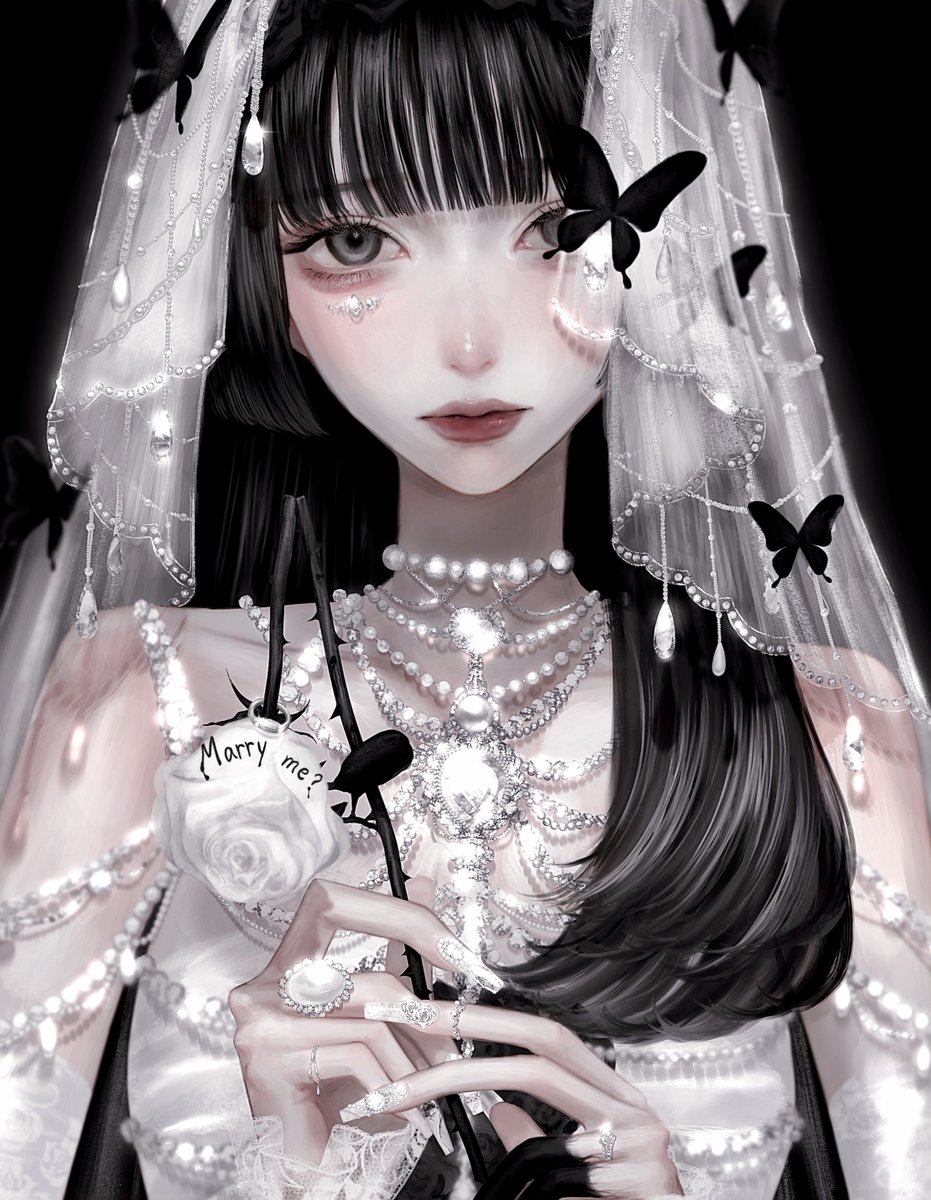 1girl black hair veil solo bug black background bangs  illustration images