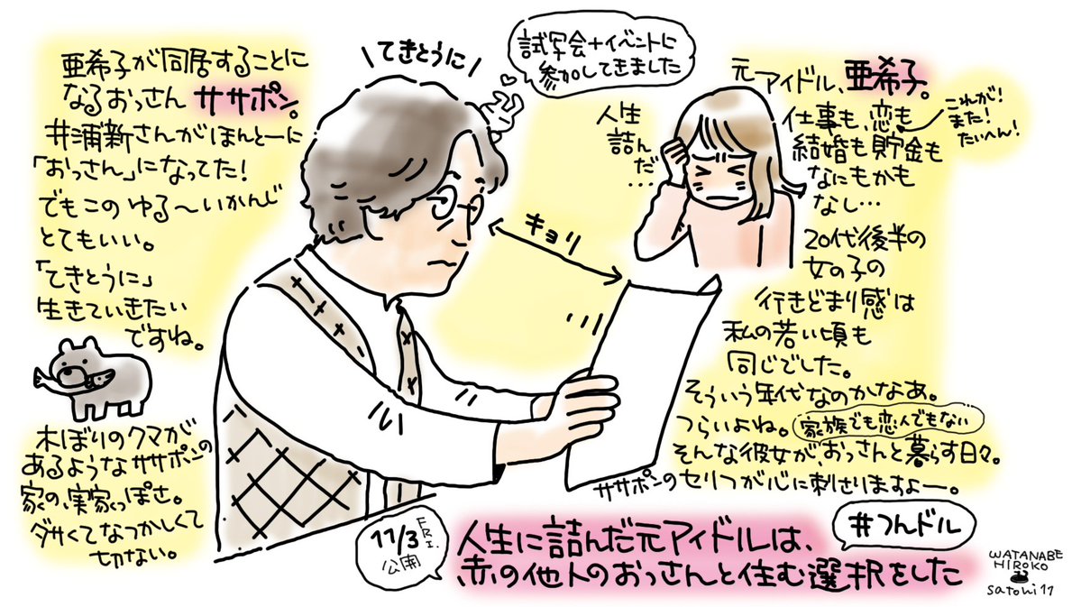 「人生に詰んだ元アイドルは、赤の他人のおっさんと住む選択をした」試写会+トークイベントに行ってきました。
見ながら「あああ」「あるある」「うわぁ、こういう男ぉぉぉ」と心の声が大騒ぎ。おもしろかったー。見終わった後、誰かと感想を話したくなる映画です。

 #つんドル #PR 