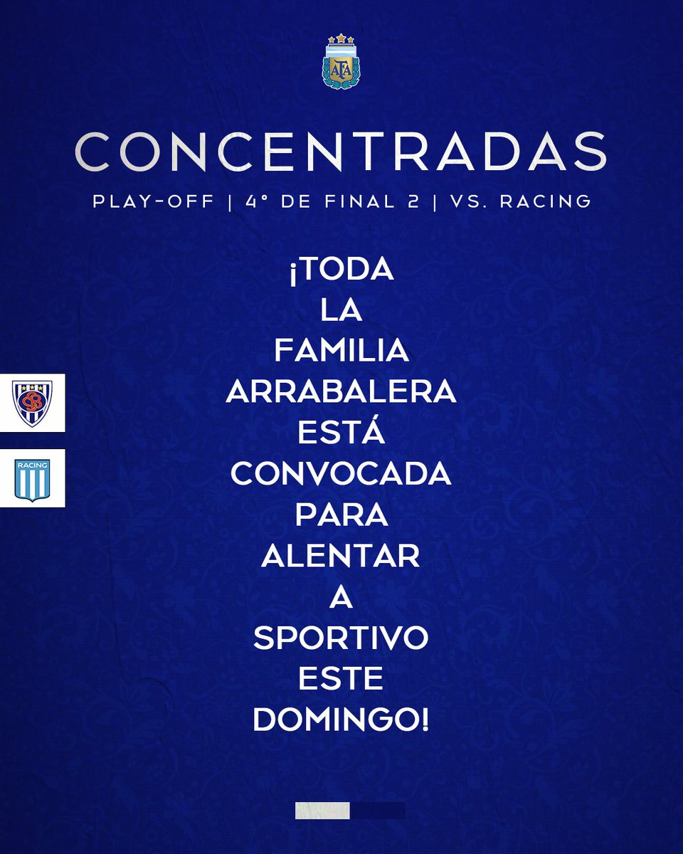 FutsalSportivo's tweet image. ¡𝙀𝙎𝙏𝙀 𝘿𝙊𝙈𝙄𝙉𝙂𝙊 𝘼 𝘼𝙇𝙀𝙉𝙏𝘼𝙍 𝘼 𝙎𝙋𝙊𝙍𝙏𝙄𝙑𝙊!

La #1ra división de las #Arrabaleras necesita ganarle a Racing para estirar la serie de 4tos de final del Play-off a un tercer partido 💪🏻

¡TE ESPERAMOS EN CASA! 

¡𝘿𝘼𝘼𝘼𝙇𝙀𝙀𝙀 𝘽𝘼𝙍𝙍𝘼𝘼𝘾𝘼𝘼𝘼𝙎! 💙