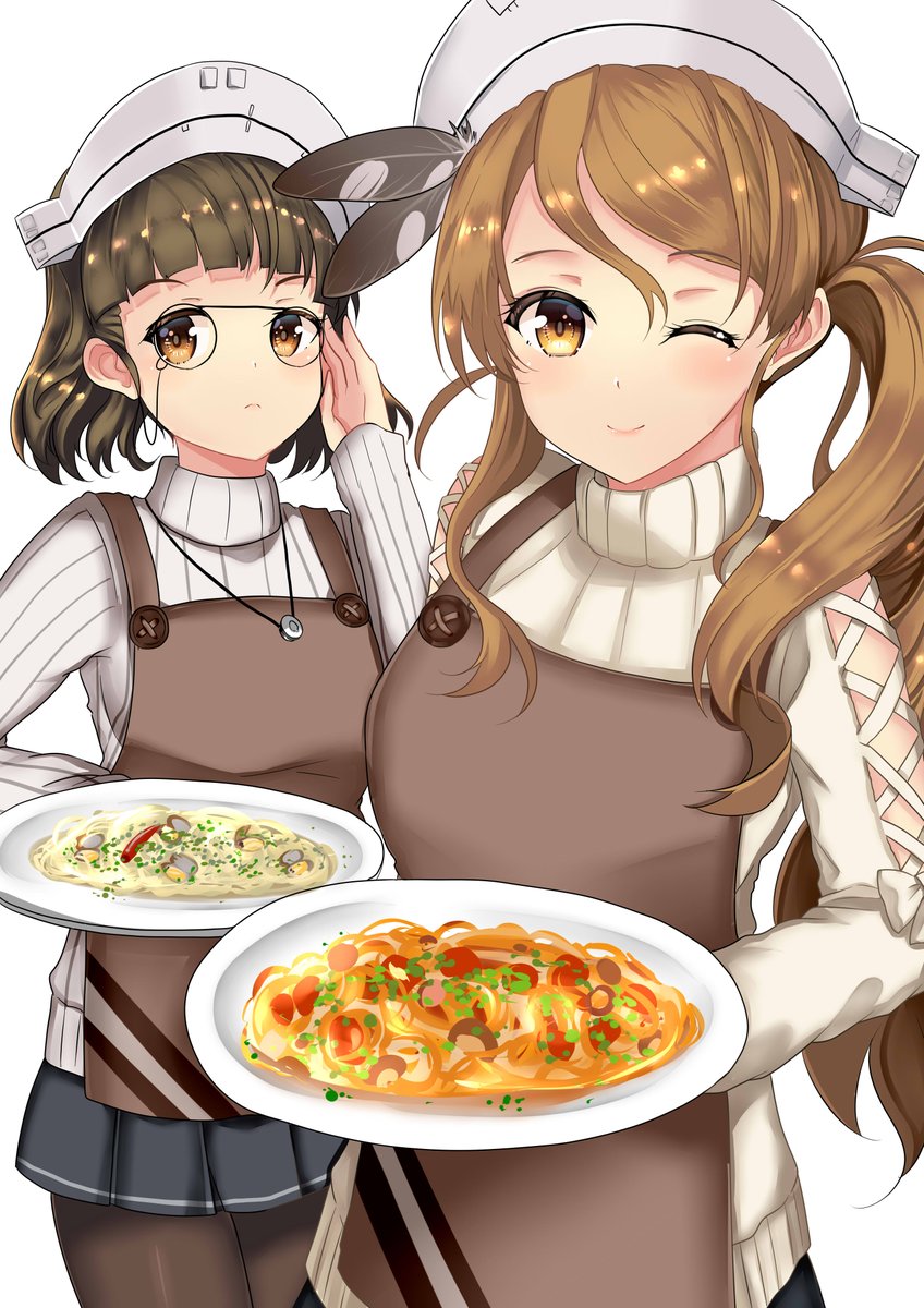 littorio (kancolle) ,roma (kancolle) multiple girls 2girls brown hair apron one eye closed pasta glasses  illustration images