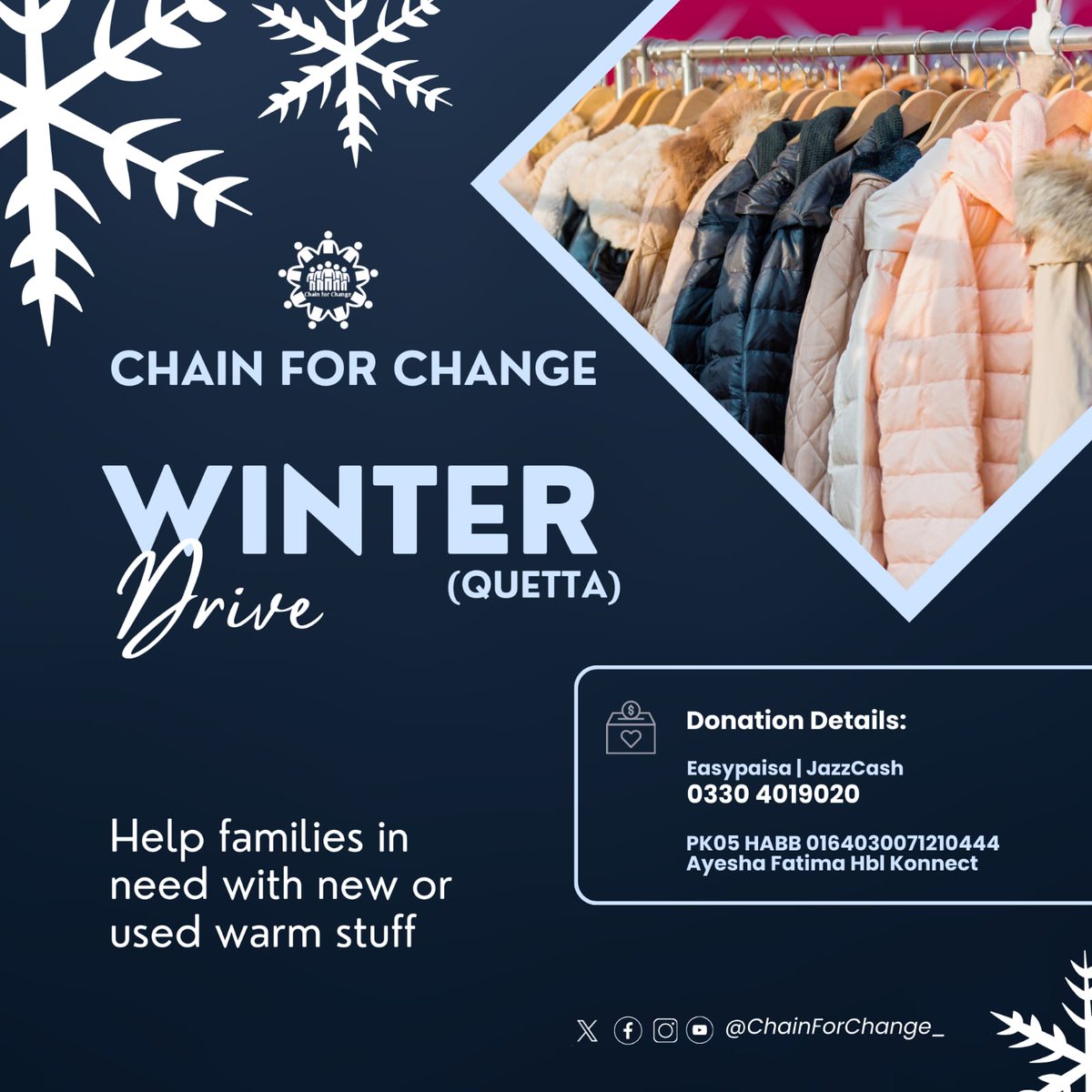 ChainForChange_'s tweet photo. Join us in making a difference this winter! At #ChainForChange, we're on a mission to provide warmth and comfort to those in need. Your support matters. Every donation you make goes directly towards our Winter Drive, helping us distribute essentials to the less fortunate. https://t.co/e31ZvPeJcc