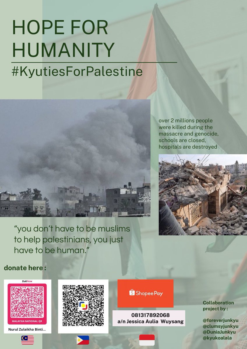 foreverjunkyu's tweet photo. Bismillahirrahmanirrahim &amp; Hi luv,

To help our brothers and sisters in Palestine, we decided to open a donation drive to Kyuties/Teumes who's willing to spend their extra penny to help people in Gaza

more details:
https://t.co/erSFX7HJL8

#KyutiesForPalestine
#CeaseFireInGaza https://t.co/OmR1r1og5G