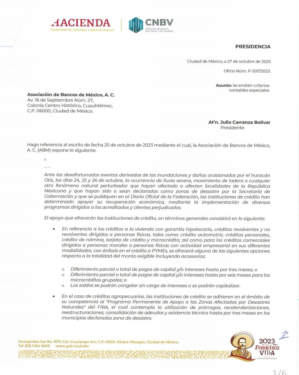 cnbvmx's tweet image. Emitimos este 27 de octubre, Criterios Contables Especiales aplicables a Instituciones de Crédito, respecto a créditos al consumo, vivienda y comerciales para acreditados que tengan su domicilio o fuente de pago en zonas afectadas por los eventos meteorológicos del Huracán Otis.