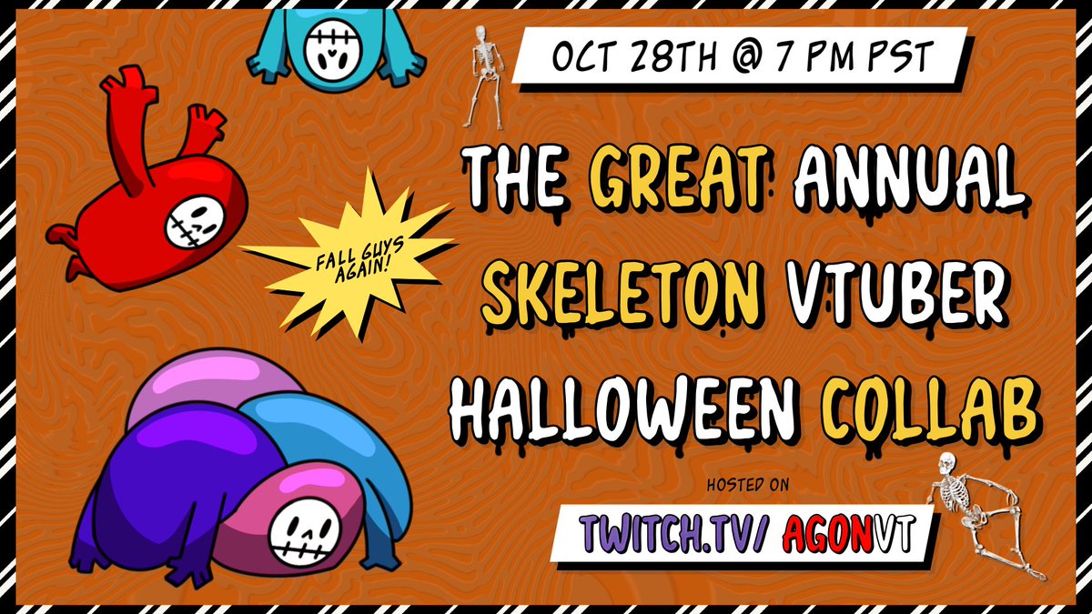 xegamas's tweet photo. G'day everyone! Join us for a afternoon of competitive calcium chaos on #FallGuys celebrating the 3rd annual great Skeleton Vtuber Halloween collab once more! 

#twitch #TwitchStreaming #Vtubers #VTuberUprising #ENVtubers #skeletuber #streamers 

🔽Link below in comments🔽 https://t.co/4sJbPgRVWT