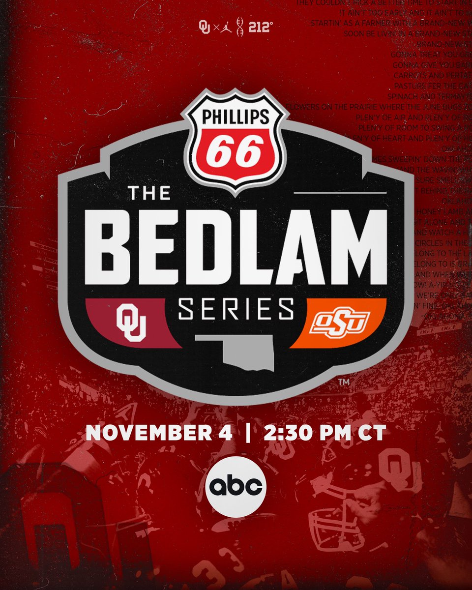 Kick time and TV coverage announced for Bedlam on Nov. 4 🆚 Oklahoma State ⏰ 2:30pm CT 📺 ABC #OUDNA