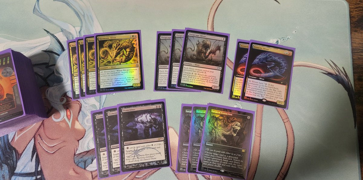 MeguKole's tweet photo. My #slivers deck for Modern #MTG is now 3 foil Sliver Hive away from being done, I own non-foils but as my all time favorite deck I want to full foil. Makes future changes more expensive but oh well. Deck looks so pretty but I'd like to get non-full art foils for everything https://t.co/LoY31CisV5