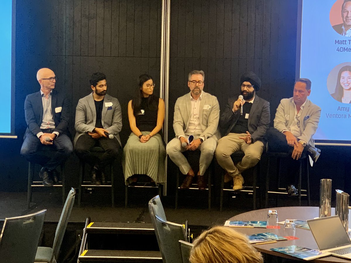 MTPConnect_AUS's tweet photo. Hearing from our #CTCM Round 2 awardees @4DMedicalXV, @VentoraMedical, @VitalTraceHQ, @CathrxL @MDIAustralia & Vivid White - sharing what’s in store for their recently launched medtech projects in a session chaired by @mdpprogram’s Dr Kerstin Schuetz https://t.co/kj9D37mks1