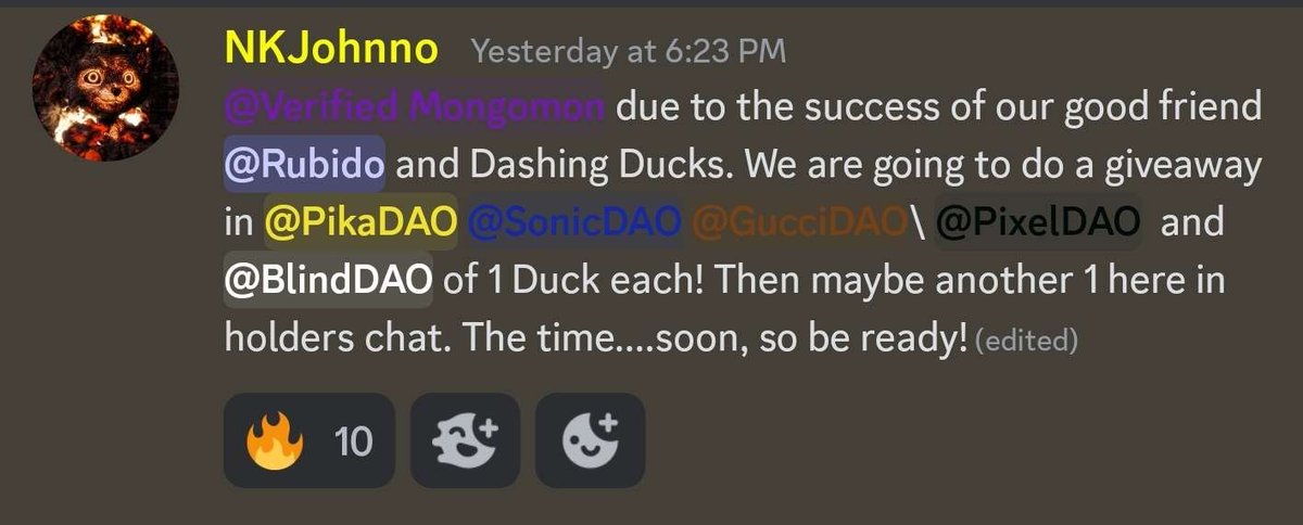 MongomonsDAO's tweet photo. Mongomons love our friend @nohardhat and for the success of @Dashing_Ducks we are spreading that love to our subDAOs!  Raffles coming soon #SpreadLove #SonicDAO #PikaDAO #GucciDAO/#PixelDAO #BlindDAO https://t.co/q0AOPymUXw