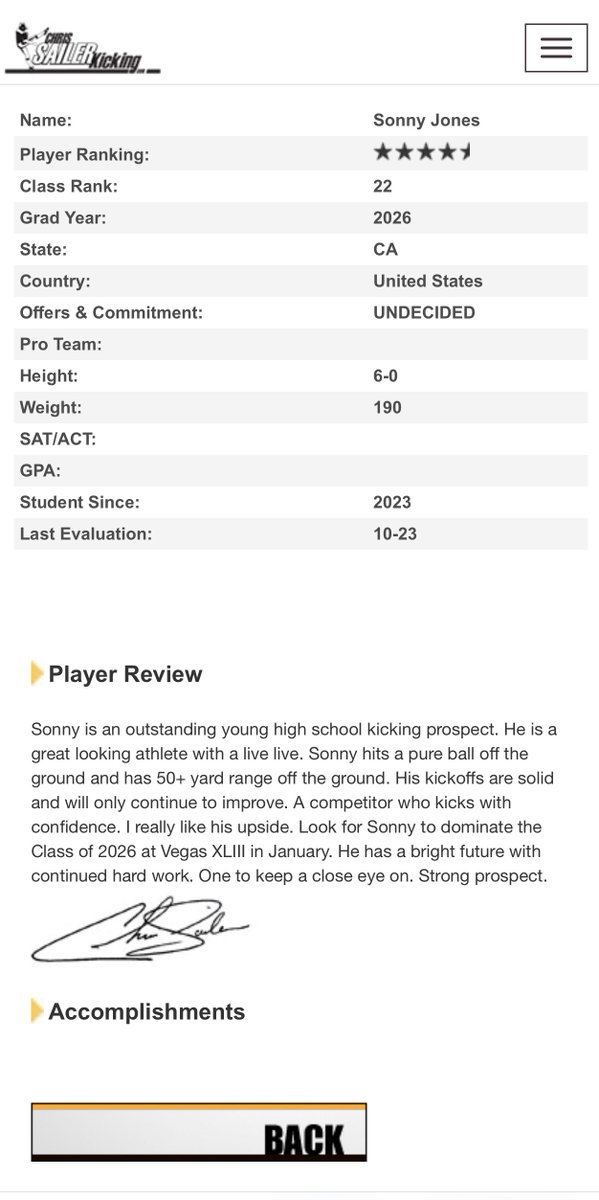 After a fantastic <a href="/ThePuntFactory/">Aaron Perez</a> camp I'm blessed to be ranked by Chris Sailor Kicking as a 4.5⭐️kicker. Ranked the #4 kicker in CA and #22 kicker in the Nation for the class of 2026. I'm Looking forward to build on these stats and showcase my abilities at camp Vegas XLII.