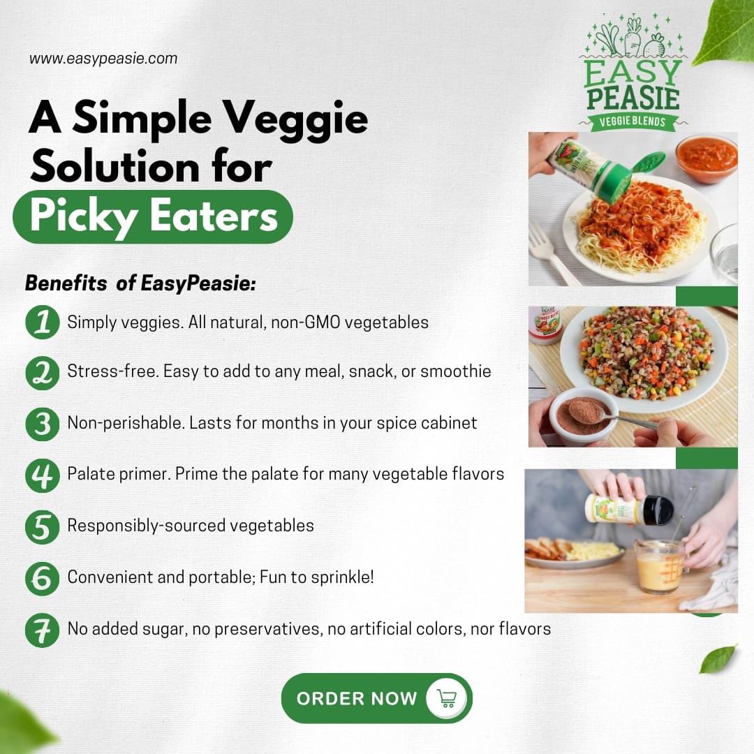 EasyPeasie Veggie Blends are the most stress-free, convenient way to add real vegetable nutrition to every meal, and the only palate-primer of its kind on the market. Free shipping offers available only within the USA 🙂 #easypeasie #shakeyourveggies #veggiehack #healthykids
