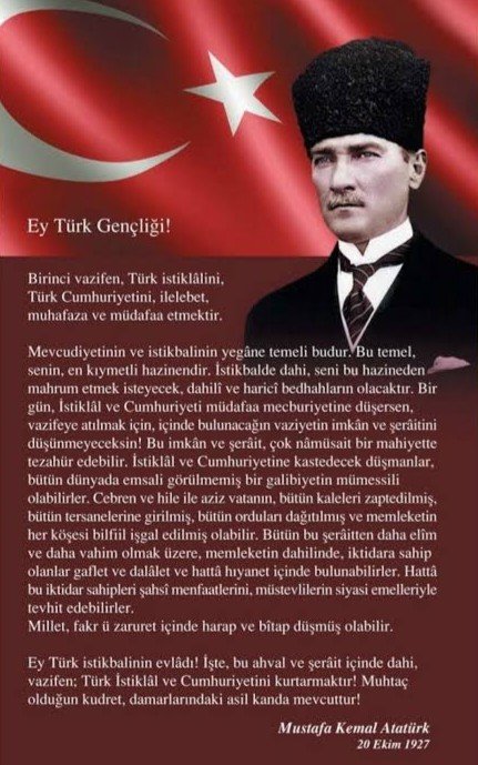 Cumhuriyetimizin bizlere yüklediği sorumluluğun bilincinde, görkemli nice 100 yıllara erişmek nasip olsun inşallah.

Başta Gazi Mustafa Kemal Atatürk'e ve bu toprakların yurdumuz olarak kalmasında emeği olan herkese hürmet ve minnetle.
#100yaşında
#Atatürkünizinde100YIL
