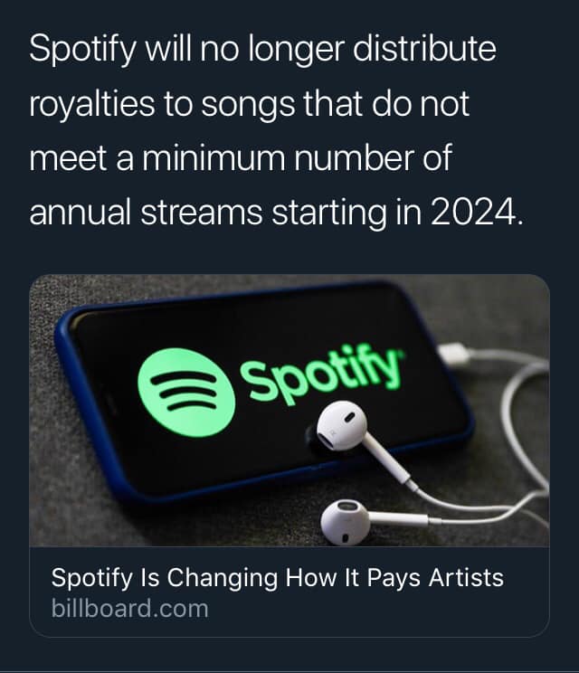 BendeHoedt's tweet image. Spotify will cease paying even a pittance in royalties to artists not meeting a minimum stream number from 2024.  Imagine the pressure on Spotify if @taylorswift13 led a boycott of this cancerous, anti-artist platform which now endorses legalised theft of music.  #boycottspotify