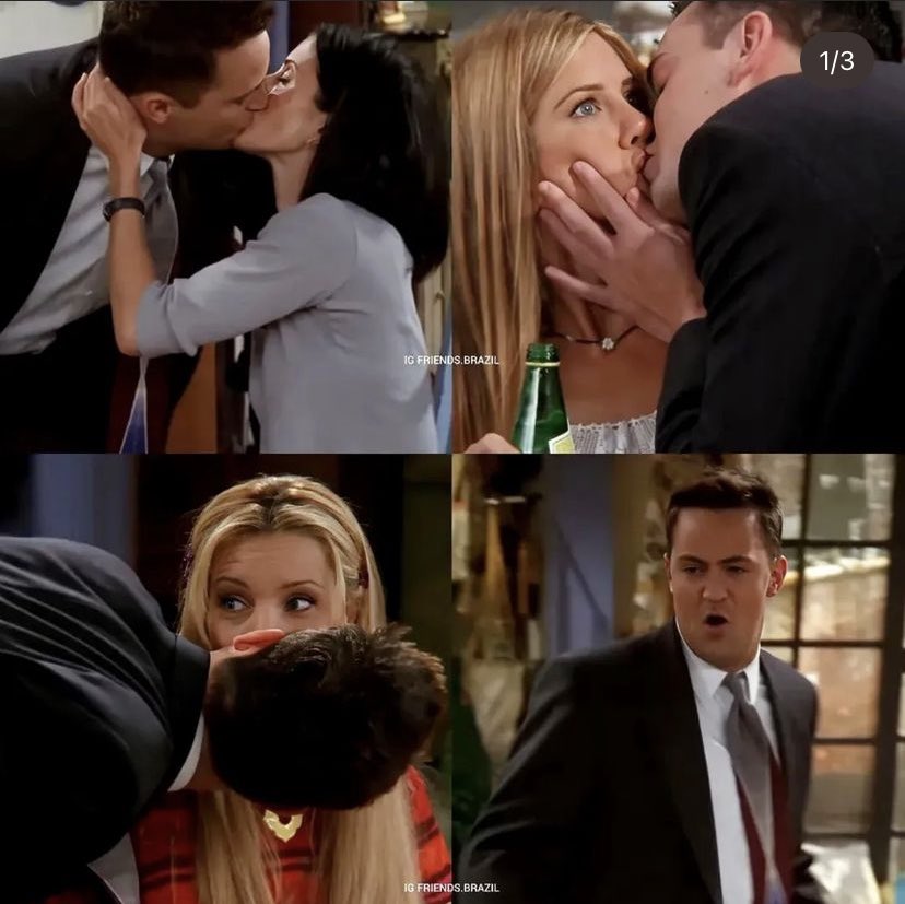 O dia que ele esqueceu que não podia beijar a Mônica na frente da Rachel e da Phoebe e pra disfarçar beijou todas