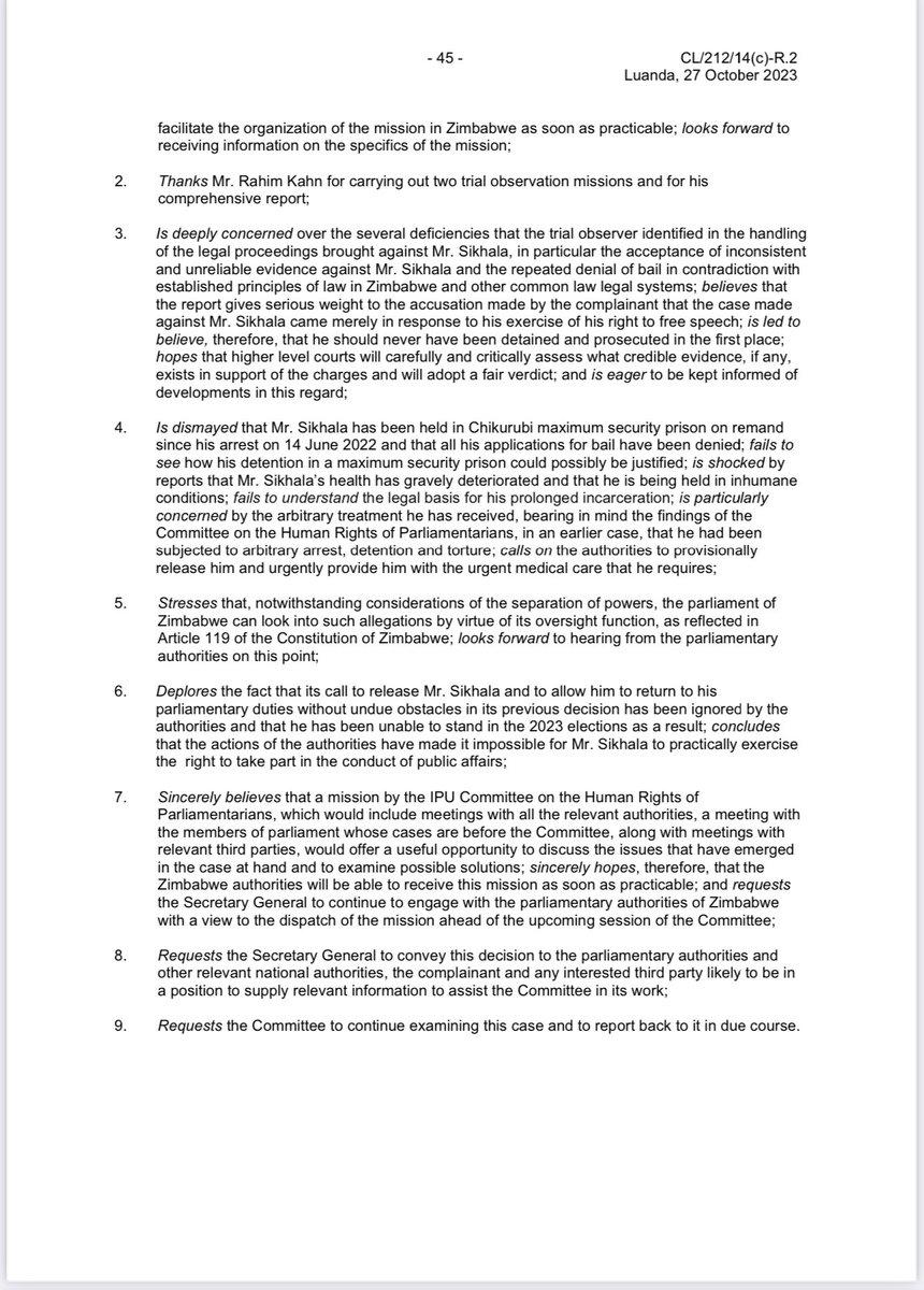 1/2 Zimbabwe was on the agenda of the just ended session of the @IPUparliament in Luanda. Zim authorities were chastised for illegally recalling 23 opposition MPs and for keeping @JobSikhala1 locked up in prison. IPU to send the IPU mission to #Zimbabwe