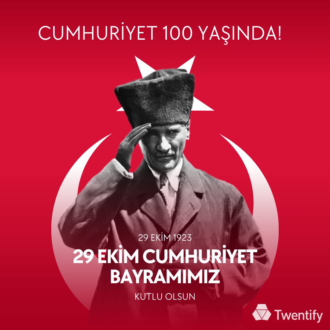 🇹🇷 Türkiye Cumhuriyeti'nin kuruluşunun 100. yıl dönümünde Ulu Önder Atatürk ve silah arkadaşlarını saygı ve minnetle anıyoruz. Cumhuriyeti siz kurdunuz, bizler yaşatacağız! Birlik, beraberlik ve kardeşlik içinde nice 100 yıllara... 🎉✨

#Twentify #29Ekim #CumhuriyetBayramı