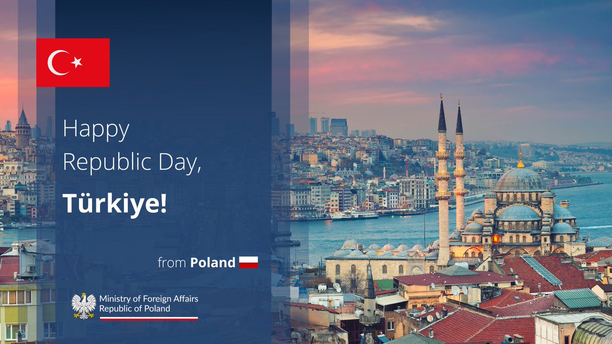 Congratulations and best wishes on the occasion of your Republic Day, Türkiye! 🇹🇷

Cumhuriyetinizin 100. yılı kutlu olsun! 🎉

🇵🇱🇹🇷

#29EkimCumhiyetBayramı