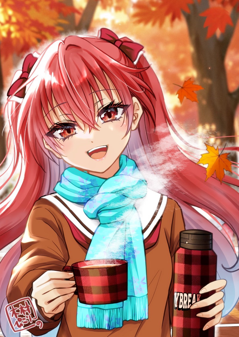 1girl solo scarf autumn autumn leaves red eyes long hair  illustration images