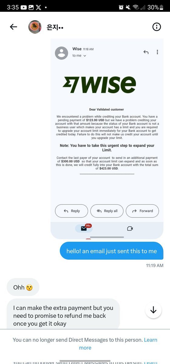 hyunhosells's tweet photo. EXPOSING A SCAMMER‼️ BEWARE ‼️

@Eunji7655 09858768565

Scammed me a total of ₱22,000 and he blocked me already. Sent a fake wise email and made me send money to them. https://t.co/O8EC6RTzRd