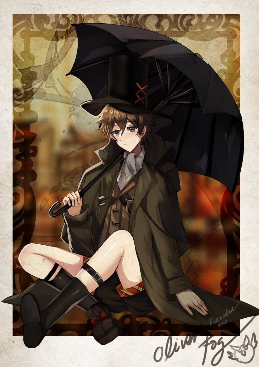 1boy male focus hat umbrella solo sitting shorts  illustration images