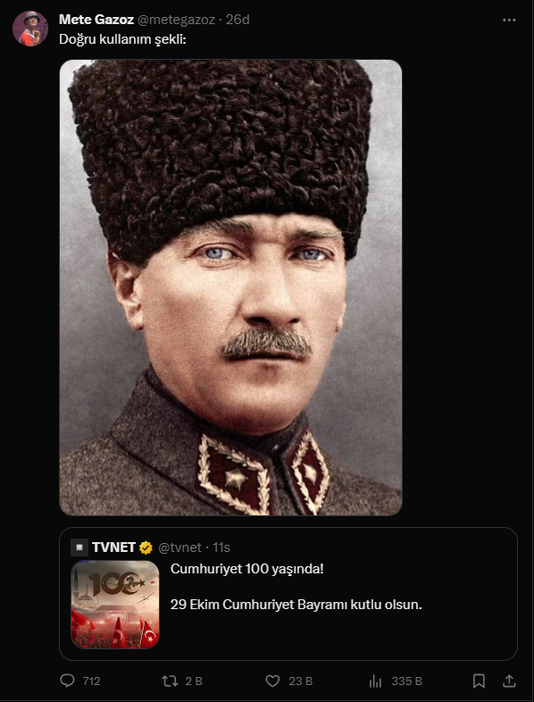 darkwebhaber's tweet photo. Mete Gazoz, TVNET'in "Atatürk'süz" Cumhuriyet Bayramı kutlamasına yanıt verdi:

Doğru kullanım şekli. https://t.co/rbGbkjOy27
