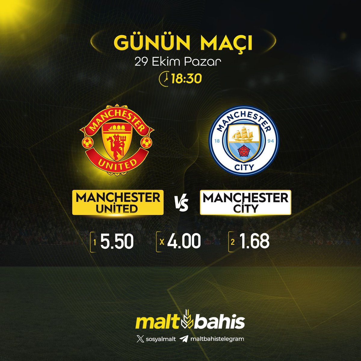 sosyalmalt's tweet photo. ⚽ ⚽ ⚽ GÜNÜN MAÇI - 18:30 Manchester United v Manchester City ❗

✅ Günün en yüksek oranlarını MALTBAHİS farkı ile yaşa  ❗ 

💪 Güvenilir bahis sitesi ❗️ 

💎   %50 Çevrimsiz kombine kazanç bonusu❗️ 
💎   %50 Freebet ❗️ 

#maltbahis  

👉  https://t.co/Pa6Io0qnUg https://t.co/dk3sAlGQFm