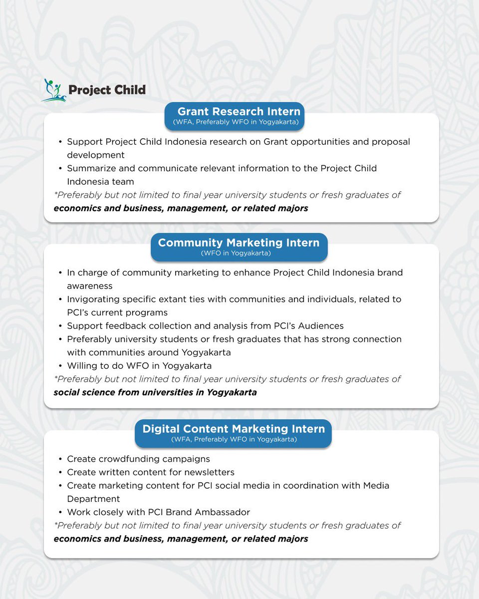 projectchildina's tweet photo. WE’RE HIRING A NON REGULAR INTERNSHIP BATCH 36!

Project Child Indonesia is looking for someone who is passionate about making a positive impact for children’s issues. We are seeking positive, highly motivated, and creative individuals to join our team. https://t.co/FdNjWUtb8z