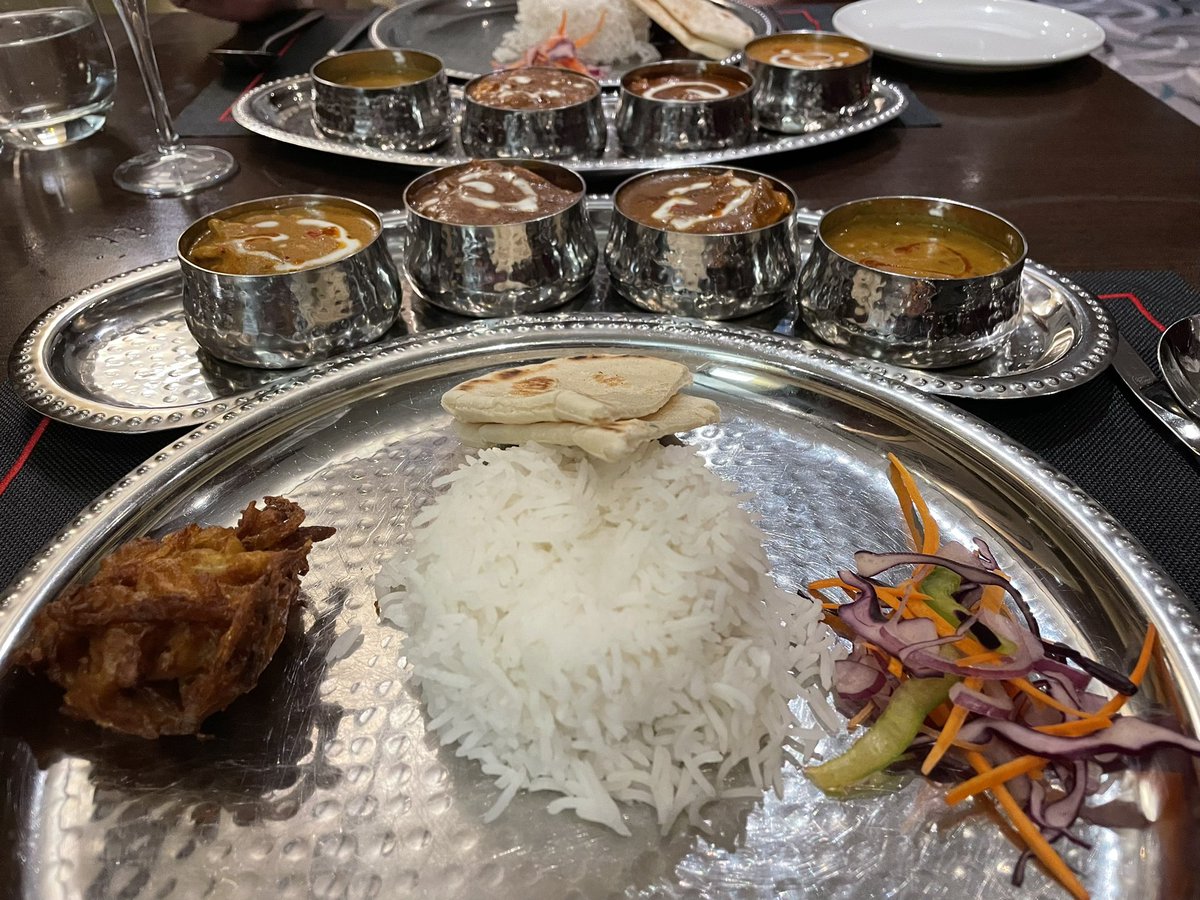 travelblogjamie's tweet image. Our meal at speciality restaurant Kora La onboard Marella Voyager for our anniversary. Left to right; paneer &amp;amp; onion pakora bao bun, thali of 3 curries with chicken or paneer, crispy duck and watermelon salad. £26.95pp. It was a truly delicious treat! @TUIUK #marella #cruise