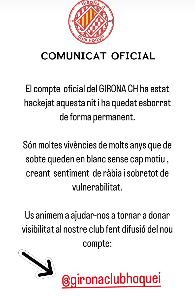 🆘 El compte d’instagram del 𝗚𝗜𝗥𝗢𝗡𝗔 𝗖𝗛 va ser 𝗵𝗮𝗰𝗸𝗲𝗷𝗮𝘁 dissabte nit i ha quedat esborrat permanentment. Pel club és un trasbals i us demanem ajuda fent difusió del nou compte: @gironaclubhoquei

 <a href="/llsalellasvilar/">Lluc Salellas i Vilar</a> <a href="/adambertran/">Àdam Bertran i Martínez 🎗</a> <a href="/BasquetGirona/">Bàsquet Girona</a> <a href="/GironaFC/">Girona FC</a> <a href="/unigirona/">Spar Girona</a>