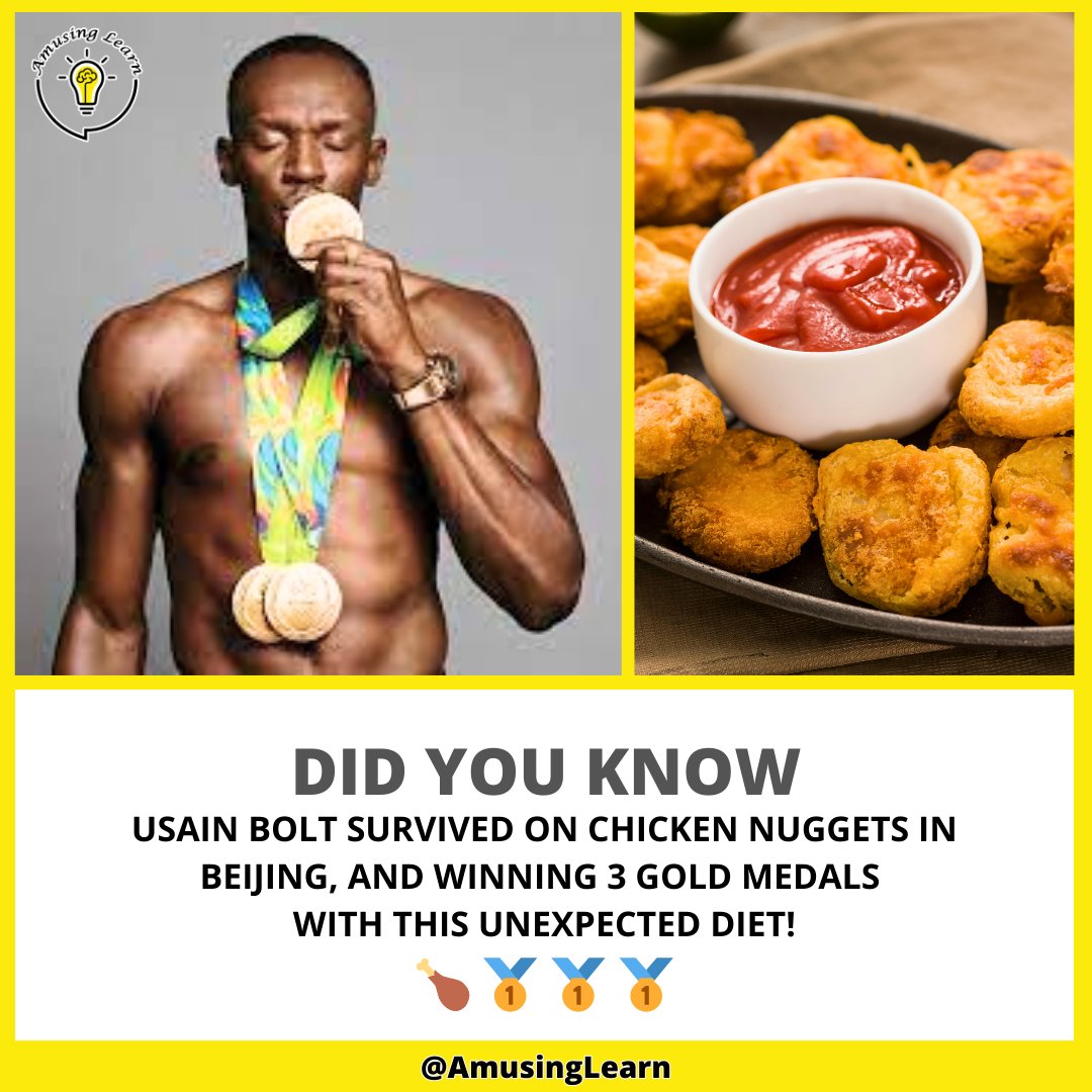 in the 2008 Beijing Olympics. He was worried about getting food poisoning, so he stuck to the only thing he knew: chicken nuggets. 🏃‍♂️💫

▶️ youtube.com/@AmusingLearn

#facts #AmusingLearn #UsainBolt #ChickenNuggets #BeijingOlympics #GoldMedals #Diet #Success #Quirk #HealthyEating